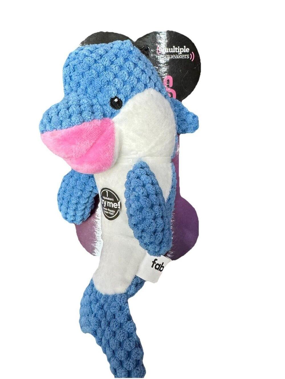 (RGB2) Fabdog Dolphin Plush Dog Toy Small Blue Pink Multiple Squeakers
